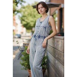 70s 80s Vintage Wide Leg Jumpsuit Romper Denim Acid Wash Sleeveless Large Ideas